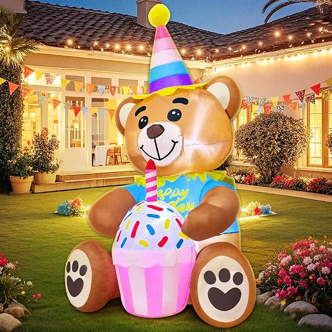 5FT Inflatable Bear with Birthday Cake Blow up Outdoor Yard Decorations, Built-in LED Lights for Holiday Party Garden Lawn Indoor Home Celebration