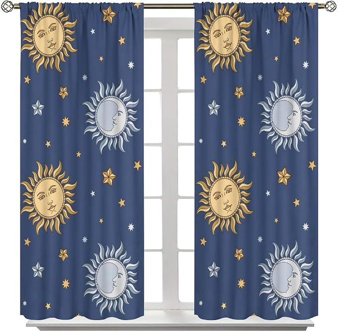 Vintage Sun Moon Bohemian Blackout Window Curtains, Retro Boho Style Print Rod Pocket Window Drapes, for Living Room Bedroom 63x72in 2 Panels