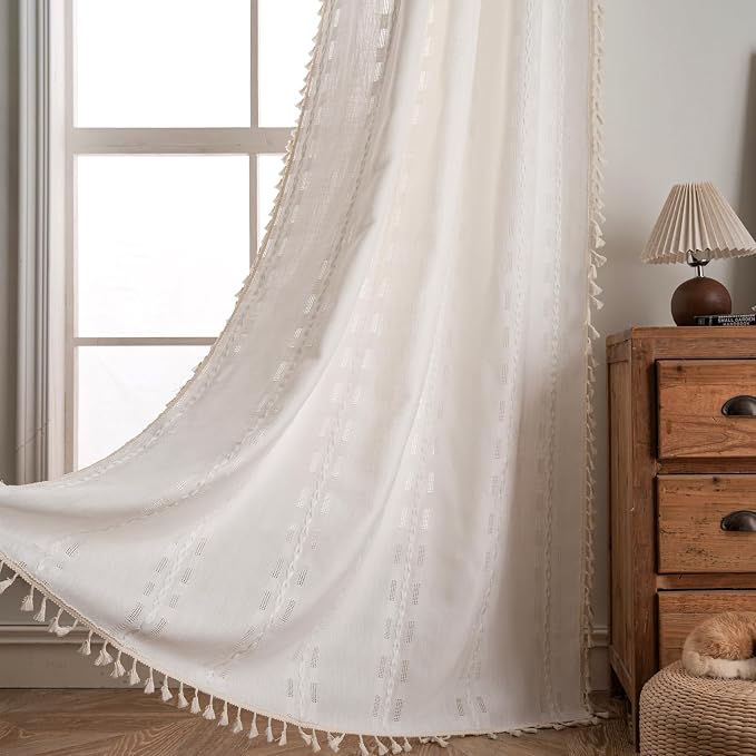 Deeprove Cream White Boho Curtain 84 inches Length for Living Room Bedroom Nursery Doorway Cream Bohemian 84 inches Long Western Stripe Embroidery Privacy Window Fringe Decor W52 x L84, 1 Panel