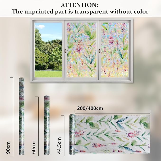 Donox Decorative Window Privacy Film, 3D Floral Stained Glass Window Film Static Cling Rainbow Privacy Sticker for Glass Door Heat Control Anti UV, No Adhesive (Gladiolus,23.6 x 157.4 inches)