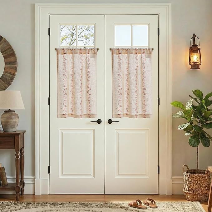 jinchan Katy Linen Floral Kitchen Curtains 30 Inches Length Stripe Cafe Curtains Farmhouse Cottagecore Tier Small Window Drapes for Living Room Light Filtering Rod Pocket 2 Panels Terracotta on Linen
