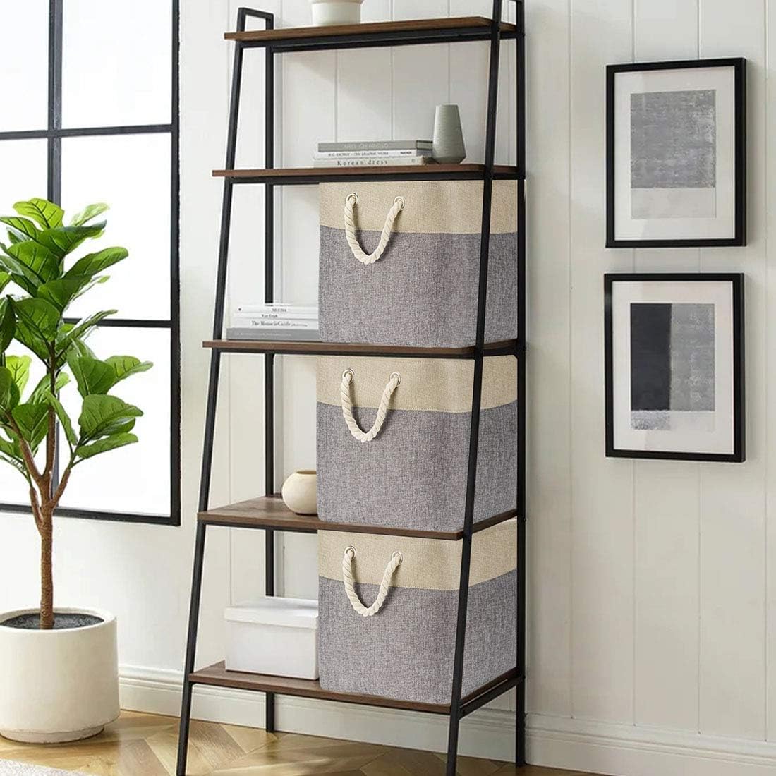 i BKGOO 3Pack Large Foldable Storage Bins,Collapsible Sturdy Cationic Fabric Organizing Storage Basket Cube with Cotton Handles for Home Office Shelf Clothes Toys Khaki-Grey 13×13×13 inch