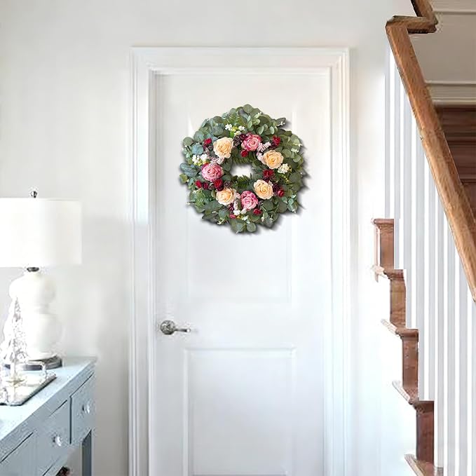 WANNA-CUL 24 Inch Pink Champagne Rose Spring Wreath for Front Door | Burgundy Rose and Eucalyptus Leaves, Ideal for Summer ,Fall ,Mother's Day, Valentine's Day, Indoor Outdoor Decor