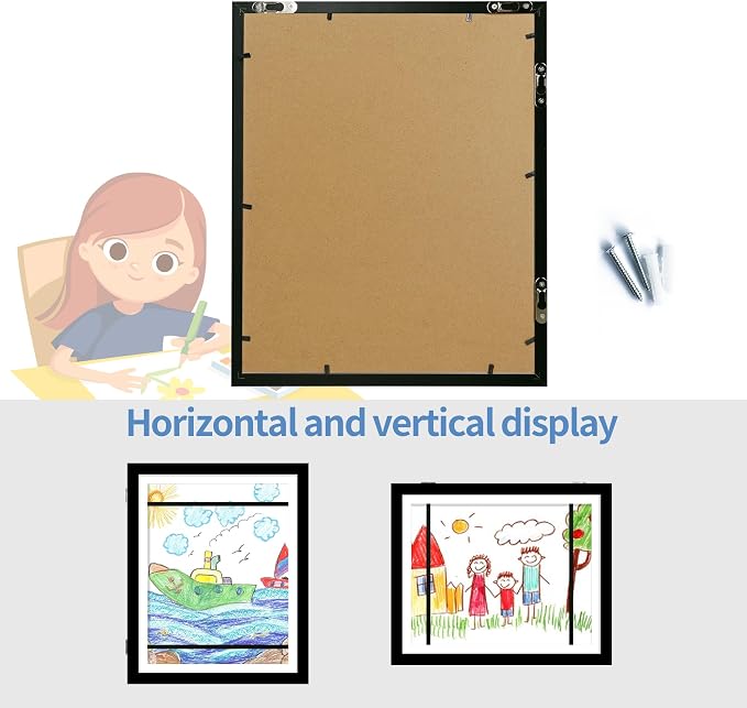 iRahmen Kids Art Frames 10x12.5 Set of 2 - Front Opening Childrens Picture Frame Changeable, Wood Artwork Display Storage for Wall Mount, Magnetic Door Holds 50 Art Pieces for Drawings, 3D Picture, Crafts, Portfolio, Black