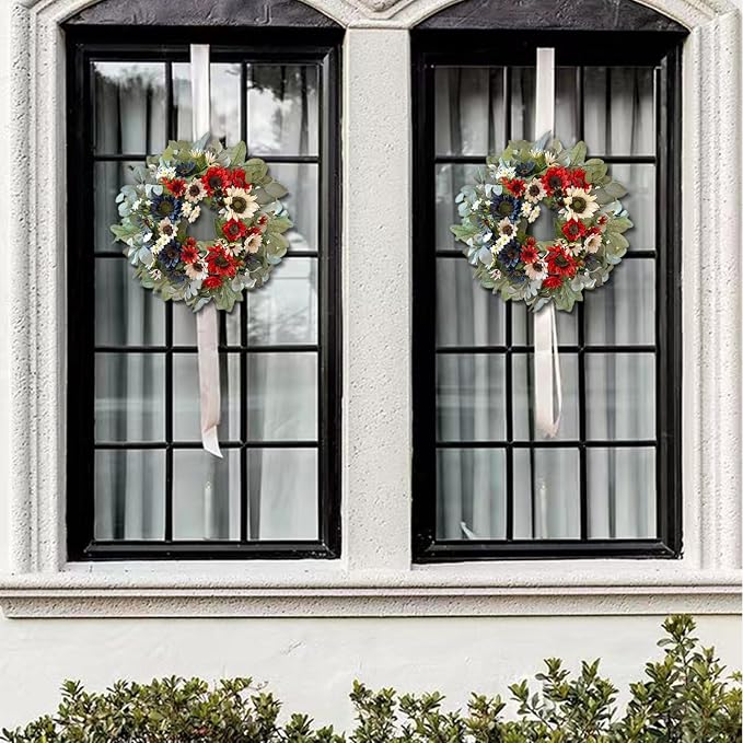 WANNA-CUL 24 Inch Patriotic Sunflower Wreath 4th of July Front Door Wreath | Red White Blue Summer Memorial Day Independence Day Labor Day Wreath for Indoor Outdoor Holiday Decor