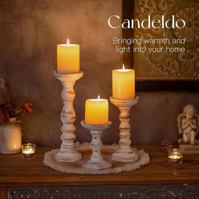 Candeldo Wood Candle Holders for Pillar, White Farmhouse Fireplace Decor | Set of 3, Table Centerpiece, Tall Shabby Chic Decor, Wooden Rustic Decoration for Mantle