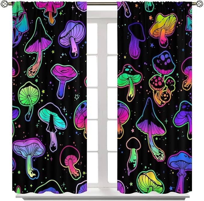 Mushroom Curtains Colorful Cartoon Plant Print Window Treatments for Bedroom Living Room Kitchen Fantasy Psychedelic Mushroom Window Drapes 2 Panels Set,Total Size 63 x 63 Inch
