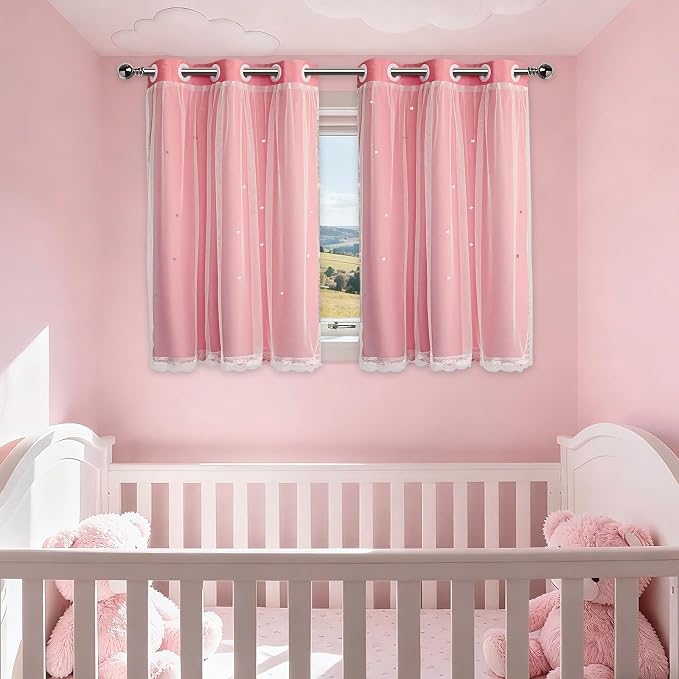 Pink Curtains Cute Blackout Curtains for Girls Room 45 Inches Short 2 Panels Star Cutout Nursery Curtains & Drapes Double Layer with Lace Bedroom Decor Window Treatments 45 Inch Length