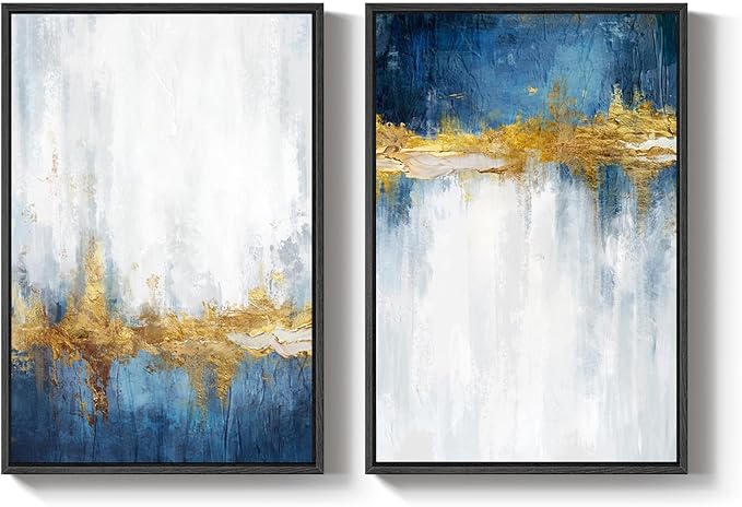 Framed Blue and White Abstract Wall Art for Living Room, Set of 2 Large Gold Modern Luxury Canvas Artwork for Walls, Contemporary Minimalist Painting Print Wall Decor for Bedroom Office, 24x36 Inch