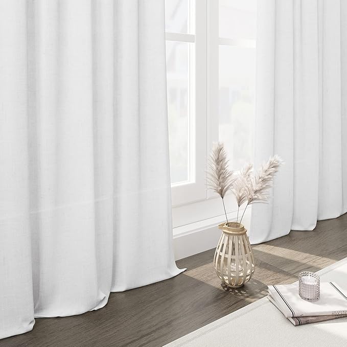 Nanspring White Extra Long Curtains 2 Panels Set 128 Inches Long for Dinning Room Back Tab Rod Pocket Light Filtering Semi Sheer Drapes Linen Textured Window Curtain for Bedroom 52x128