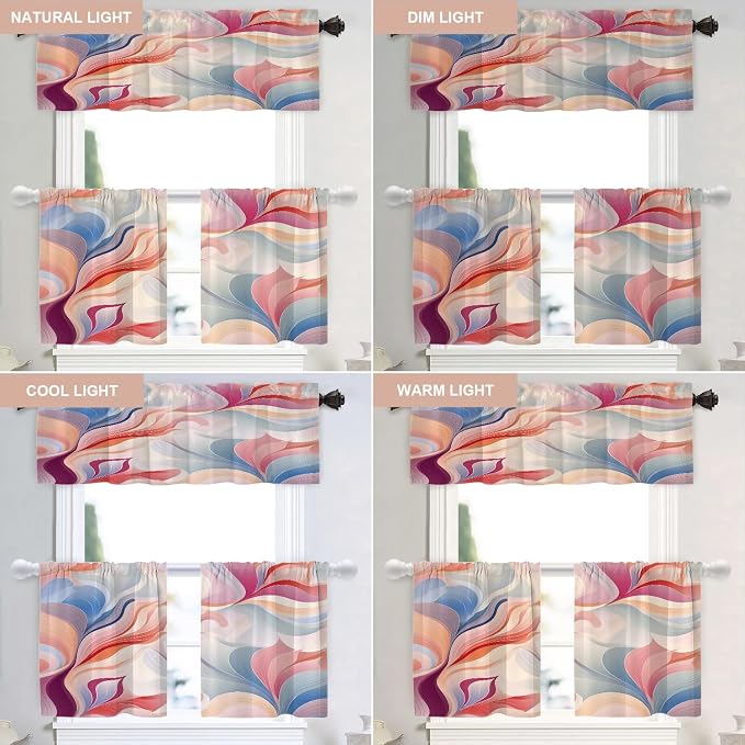Shrahala Colorful Waves Blackout Curtain Tiers, Fluid Abstract Pattern Kitchen Valance Light Blocking Tier Drapes with Rod Pocket, 2 Pack 26 X 24 in