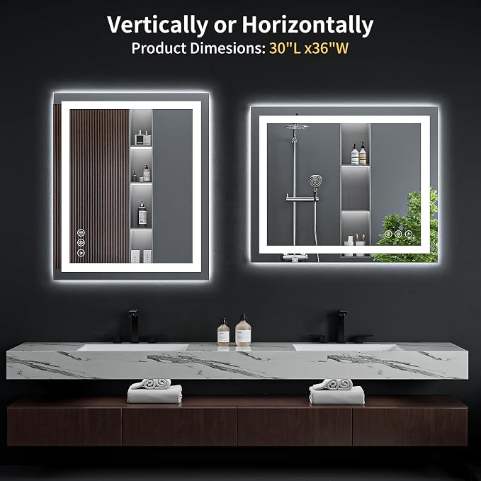 36"x30" LED Bathroom Mirror with Lights, Backlit + Front Lit with CRI>90, Lighted Mirror for Bathroom, Anti-Fog, Dimmable Brightness, 3 Colors, Memory Function, Shatterproof Tempered Glass