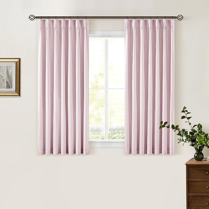 Pink Short Linen Curtains for Small Window 2 Panel Set Kitchen Curtains 45 Inch Length Pinch Pleated Back Tab 100% Blackout Blush Pink Linen Room Darkening Thermal Insulated Drapes for Cafe Bathroom
