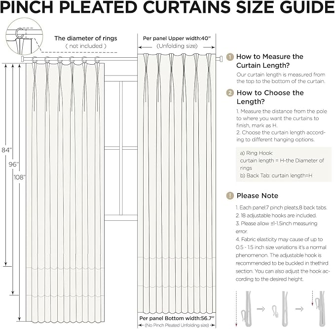Joydeco Greyish White Pinch Pleated Thick Linen Curtains 90 Inch Long 2 Panel Set for Living Room, Double-Faced Curtain for Bedroom, Back Tab Blackout Drapes with Adjustable Hooks (40”W x90”L)