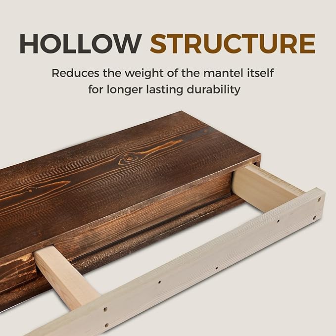Fireplace Mantel Handmade, 3'' Thick Wall Decor Long Floating Shelf, 48inch Rustic Wood Shelf with Invisible Brackets, Brown