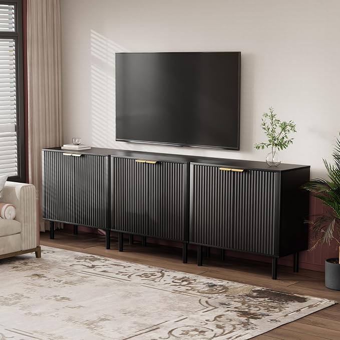 IKALIFE Sideboard Buffet Cabinet with Storage, Modern Fluted Accent Credenza with Doors & Adjustable Shelves, Wood Coffee Bar Console Table for Living Room, Dining Room, Kitchen Entryway 31.5" Black