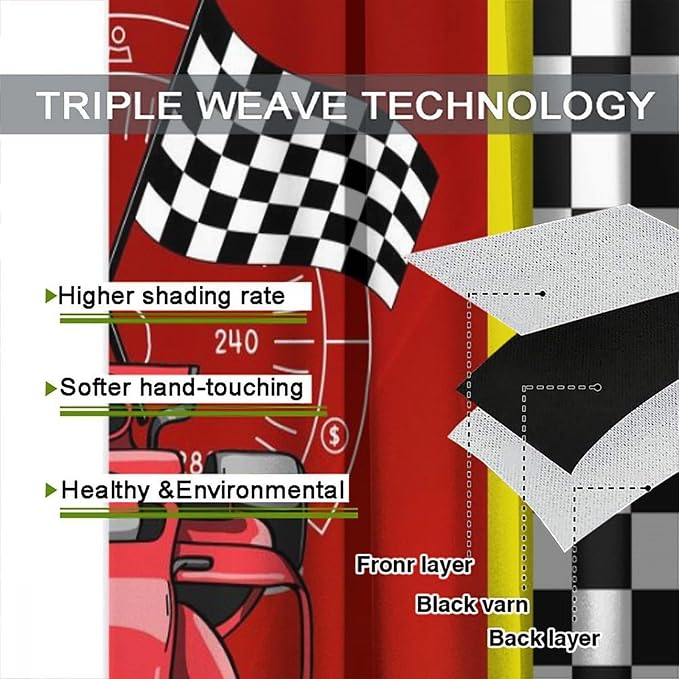 Racing Car Blackout Curtain,for Kids Boys Black Red White Start Flag Cartoon Race Cars Curtains Dining Room Living Room Kitchen Cafe Bedroom Office Nursery Drapes,84x84 in