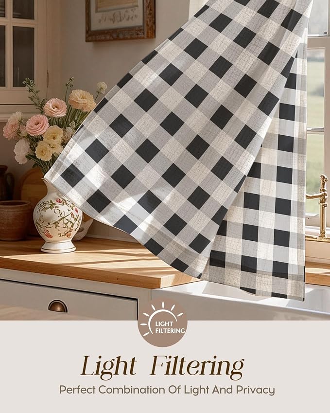 Miss Adola Farmhouse Kitchen Tier Curtains - 24 Inch Length Linen Blend Cafe Curtains Plaid Checkered Small Window Treatments Over Sink Rod Pocket for Bathroom Living Room Light Filtering, 2 Panels