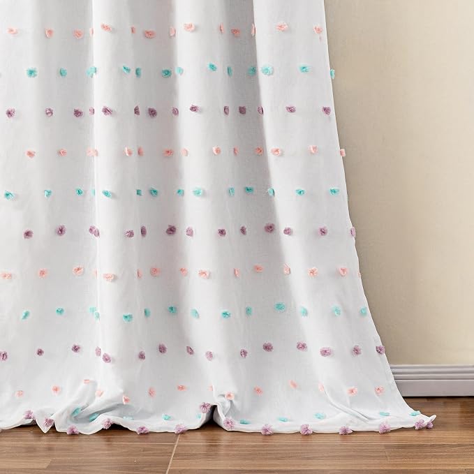 MYSKY HOME 100% Blackout Curtains for Bedroom Total Light Blocking Curtains 90 Inch Long Room Darkening 2 Panels Back Tab Double Layer Privacy Window Drapes with Rainbow Pom Pom Sheer 52" x 90"