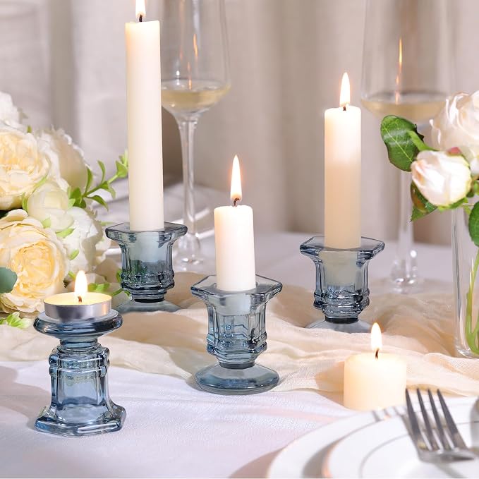 Lanttu 12 Pcs Blue Candlestick Holders Bulk, Glass Candle Holders Set | Crystal Taper Candle Holder for Wedding, Table Centerpiece, Home Decoration