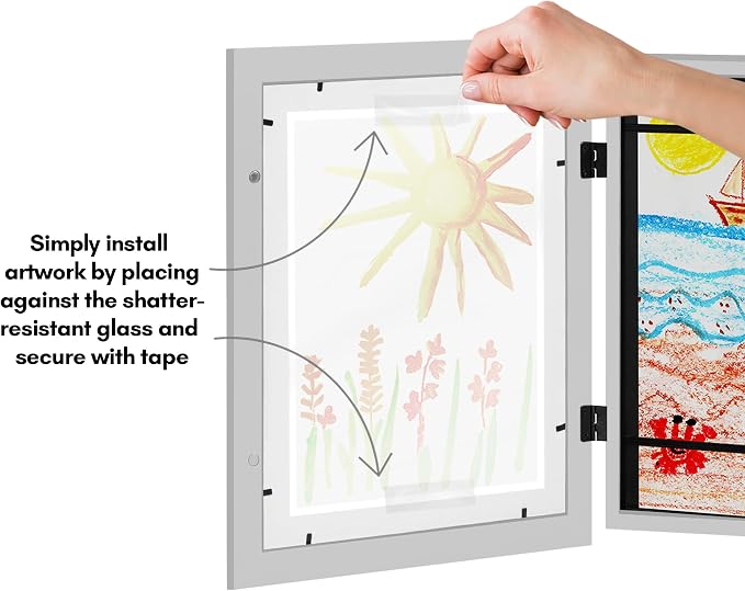 Americanflat Kids Artwork Frame Changeable (Gray) - Magnetic Door Holds 100 Art Pieces - 8.5x11 Letter Size Display with Mat or 10x12.5 Without Mat - My Mini Masterpiece