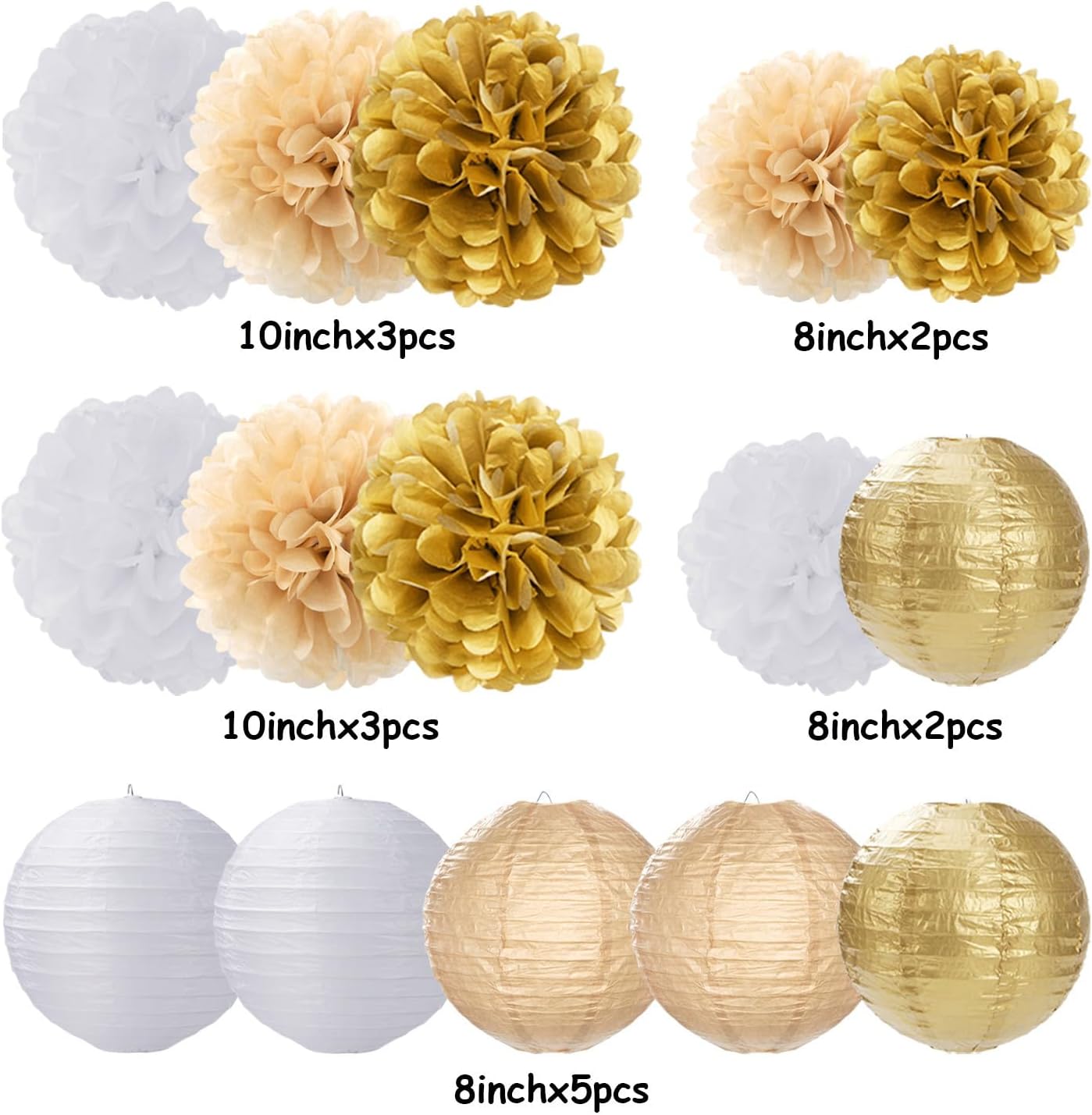 White Gold Party-Decorations Paper Flowers Lanterns - 15PCS Engagement Birthday Graduation Wedding Tissue Pom Poms Streamers,Neutral Bachelorette Baby Bridal Shower Hanging Supplies Decor Hugfond