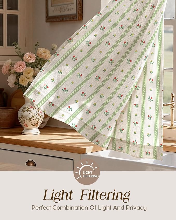 Miss Adola Farmhouse Kitchen Tier Curtains - 36 Inch Length Linen Blend Floral Cafe Curtains Green Stripe Small Window Treatment Over Sink Rod Pocket for Bathroom Living Room Light Filtering, 2 Panels