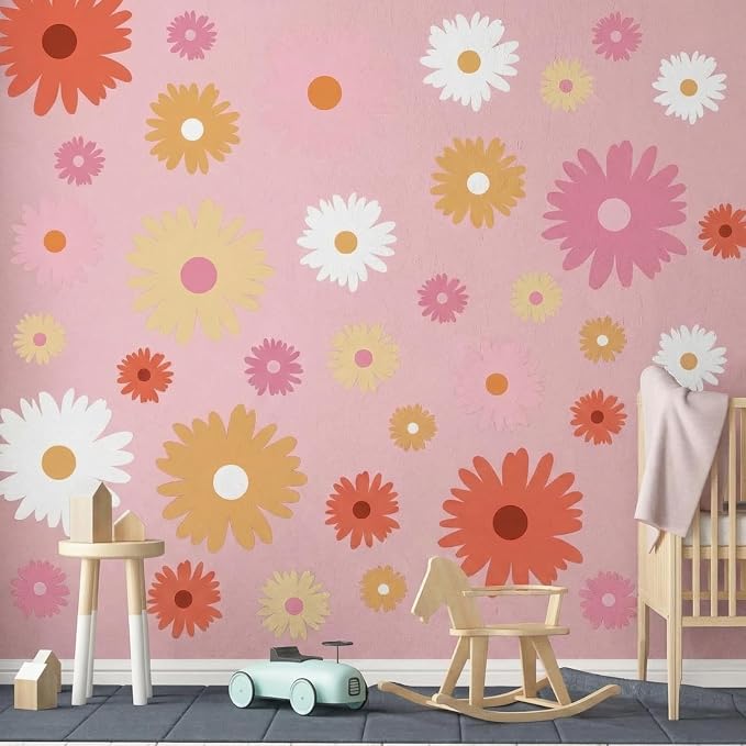 TaoBary 12 Sheet Daisy Wall Sticker Decal Removable Cute Daisy Bedroom Room Decor Flower Wall Sticker Pink White Flower Decal Wallpaper Peel and Stick for Nursery Home(Bright Color,Artsy Style)