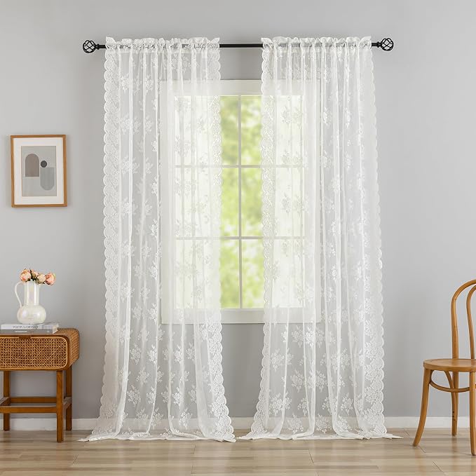 Kotile Ivory Lace Curtains 63 Inch Length 2 Panels, Country Rustic Floral Design Sheer Lace Curtains for Bedroom, Rod Pocket Vintage Privacy Lace Window Panel Set, 42 x 63 Inch Each, Ivory