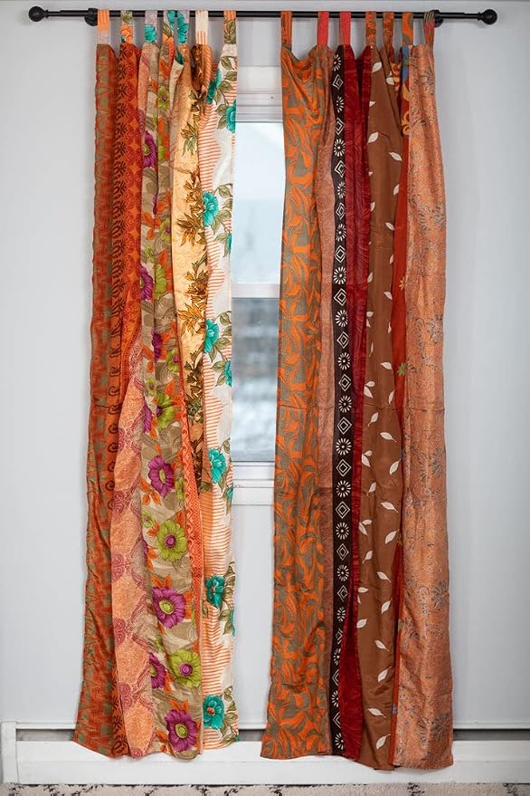 Assorted Hippie Colorful Curtains Light-Filtering – Boho Curtains, Bed Canopy Panel, Tapestry or Window Treatment Patchwork Orange Color (84 X 43 Inches)