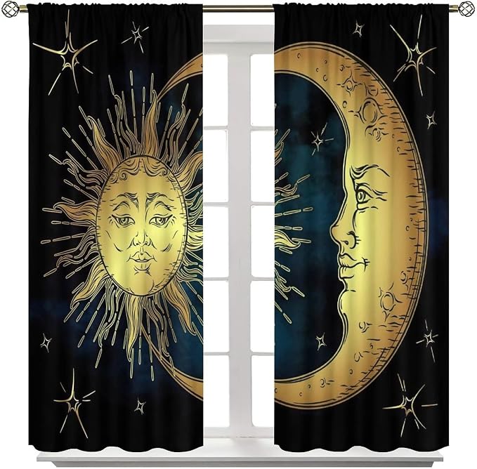 Sun Moon Blackout Windows Curtains, Boho Chic Art Golden Sun Moon and Stars Over Blue Black Sky Antique Style Curtains, for Living Room Bedroom 42x54in 2 Panels