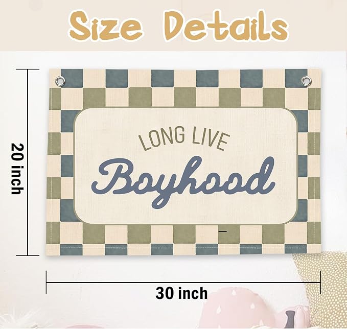 RTXLEZM Boy Room Decor, Long Live Boyhood Nursery Canvas Banner | Retro Blue and Green Plaid Wall Hanging for Kids Toddler Boys Nursery Room Bedroom Playroom Decor, 20x30