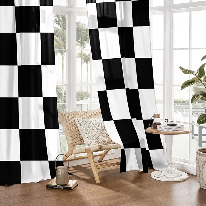 Black and White Checkered Curtains for Living Room Light Filtering Retro Plaid Curtains 63 Inch Length 2 Panels Set White Modern Geometry Drapes for Bedroom Curtains