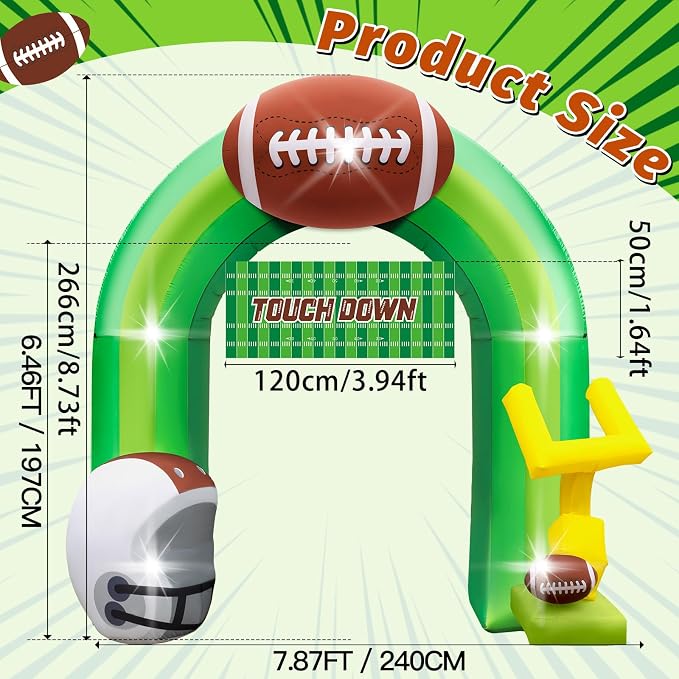 9FT Football Party Decorations for Game Day Blow Up with Helmet Built in LED Lights Goal Post for Yard Giant Balloon Photo Prop for Gift Light Green Football Inflatable Arch
