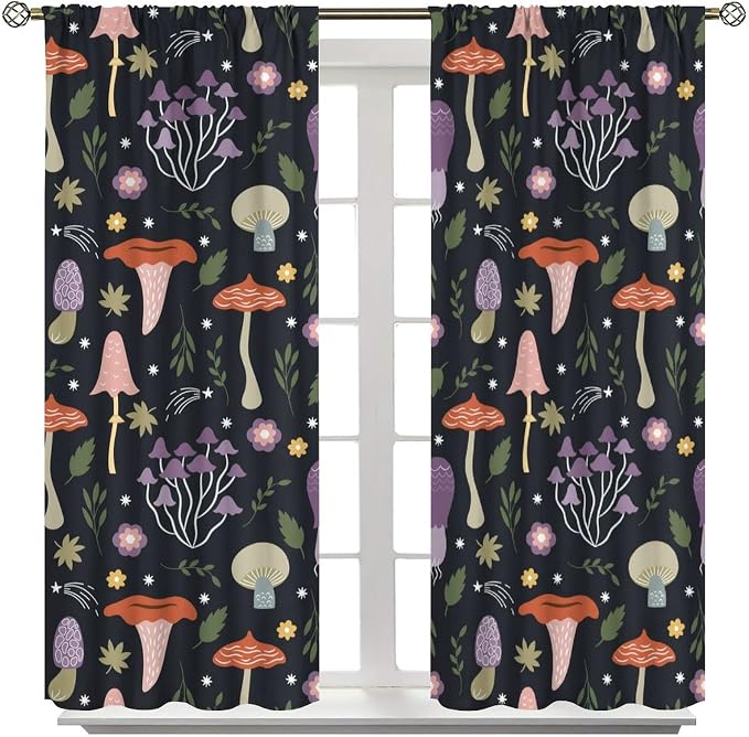 Mushroom Curtains,Colorful Plant Forest Botanical Print Window Treatments for Bedroom Living Room Kitchen Cartoon Herbs Floral Window Drapes 2 Panels Set,Total Size 52 x 84 Inch