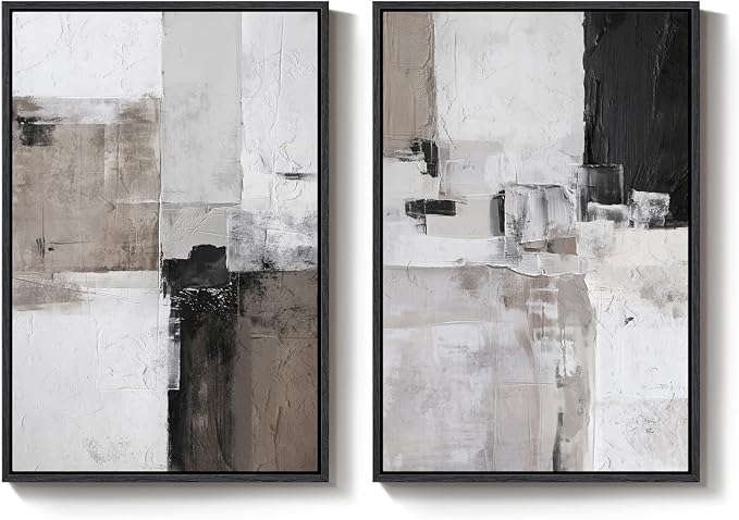Framed Abstract Black and White Brown Wall Art for Living Room, Set of 2 Large Modern Prints Canvas Artwork for Walls, Minimalist Paintings Pictures Abstract Wall Decor for Bedroom Hallway, 24x36 Inch