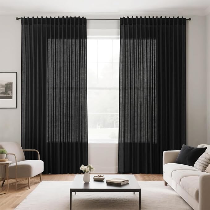 Nanspring 96 Inch Linen Curtains for Living Room Semi Sheer Linen Blended Curtains Back Tab Rod Pocket Light Filtering Simple Modern Black Curtains for Bedroom 60x96,2 Panels