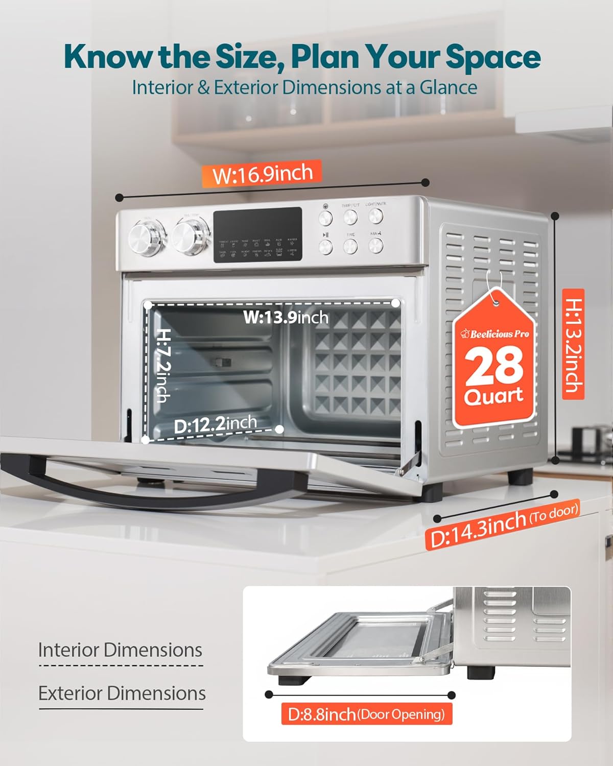 28QT Air Fryer Toaster Oven Combo, Large 12-in-1 Convection Countertop Oven with Next-Gen HeatWave Convection, 3-Layer Cooking, Rotisserie for Chicken, Fits 11" Pizza, Full Accessorie, Stainless Steel