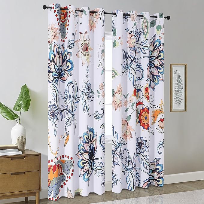 Estelar Textiler Classical Blue Floral Printing Curtains for Living Room Curtains 84 Inches Long, Room Darkening Thick Grommet Top Farmhouse Window Treatment White Drapes for Bedroom,52Wx84L,2 Panels