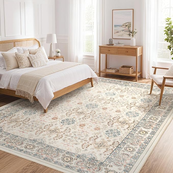 Vintage Living Room Area Rug 7x9 - Large Soft Washable Oriental Traditional Distressed Farmhouse Rugs for Bedroom - Indoor Floor Accent Carpet for Home Office House Decor - Multi