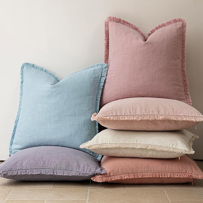 Foindtower Set of 2 Decorative Linen Fringe Throw Pillow Covers Cozy Boho Farmhouse Cushion Cover with Tassels Soft Accent Pillowcase for Couch Sofa Bed Living Room Home Decor,24×24 Inch,Rose Pink