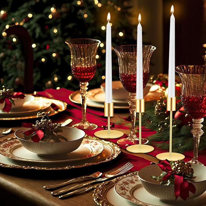 6 Set Candle Holders Bulk with 10'' Dripless Taper Candles 3.3'' 5.5'' 6.3'' Metal Candlestick Holders Vintage Modern Decorative Table Centerpiece for Wedding Birthday Home Decor (Gold)