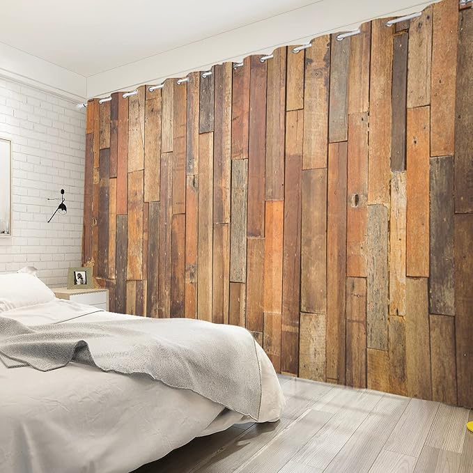 Wooden Curtains Vertical Planks Wooden Window Curtains Rustic Wooden Barn Door Grain Cottage Hardwood Garage Door Bedroom Living Room Window Drapes Decor with Grommets,53x84 inch,2 Panels
