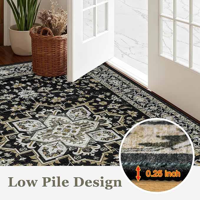 Round Area Rug for Living Room: 8 ft Washable Vintage Boho Soft Thin Circle Rug Indoor Floor No Slip Stain Resistant Carpet for Bedroom Dining Room Farmhouse Nursery Home Office -Black Gold