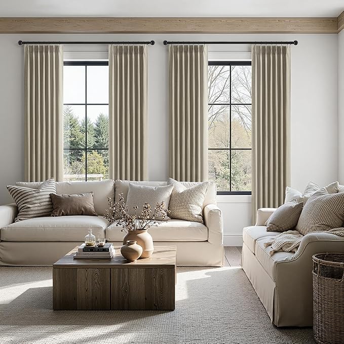 Topfinel Pinch Pleated Curtains 90 Inches Long 2 Panels Set,Grey Beige Semi Sheer Cotton Blend Fabric Aesthetic Advanced Curtain Drapes for Living Room Bedroom,40x90 inch Length