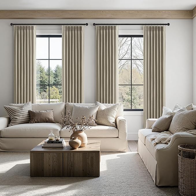 Topfinel 96 Inches Long Pinch Pleated Semi Sheer Curtains,Grey Beige Linen Blended Light Filtering Window Curtains 96 Length 2 Panels for Living Room Bedroom Pinch Pleat Drapes with Hooks,40" Wx96 L