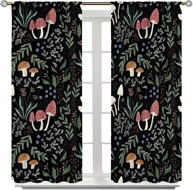 Mushroom Curtains, Cartoon Green Leaves Mushroom Wildflower Plant Botanical Boho Herb Nature Garden Print Blackout Window Drapes for Living Room Kids Bedroom 42x45 Inch