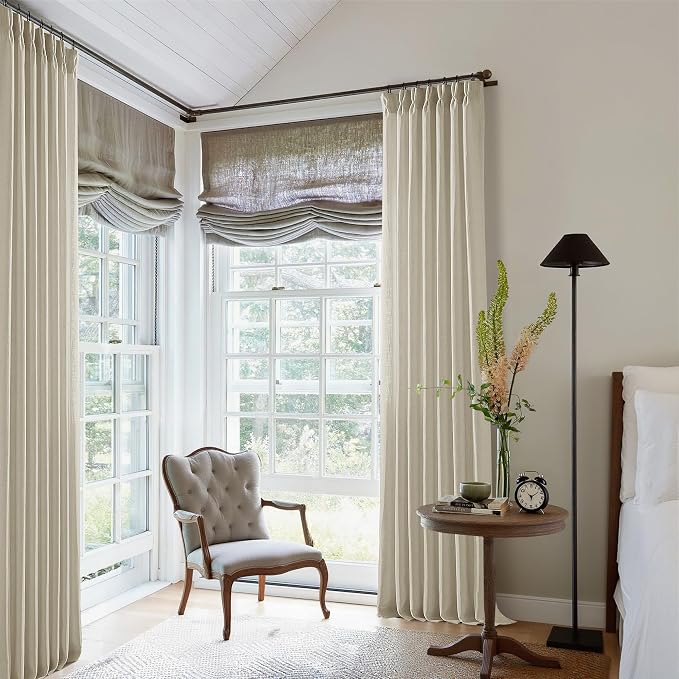 TWODRAPES Linen Flax Curtains Pinch Pleated Linen Curtains 2 Panels Living Room Bedroom Memory Training Semi Sheer Pinch Pleat Farmhouse Beige Drapes Back Tab Light Filtering Window Curtain 40x102