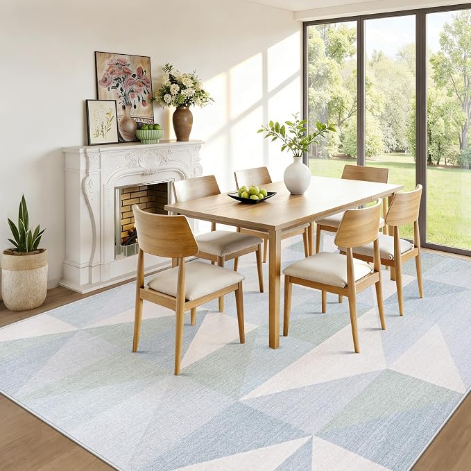 Washable Rug 9x12 Area Rugs: Modern Geometric Area Rug for Living Room Non-Slip Neutral Soft Carpet Low Pile Stain Resistant Indoor Rugs for Bedroom Nursery Dining Room Office (Light Blue, 9'X12')