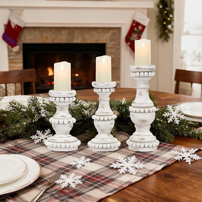 Farmhouse Large Candle Holders for Pillar Candles, Rustic Wooden Beaded Candle Holder, Perfect for Table Centerpieces, Coffee Table or Fireplace Mantel, 3 Piece Set (White)